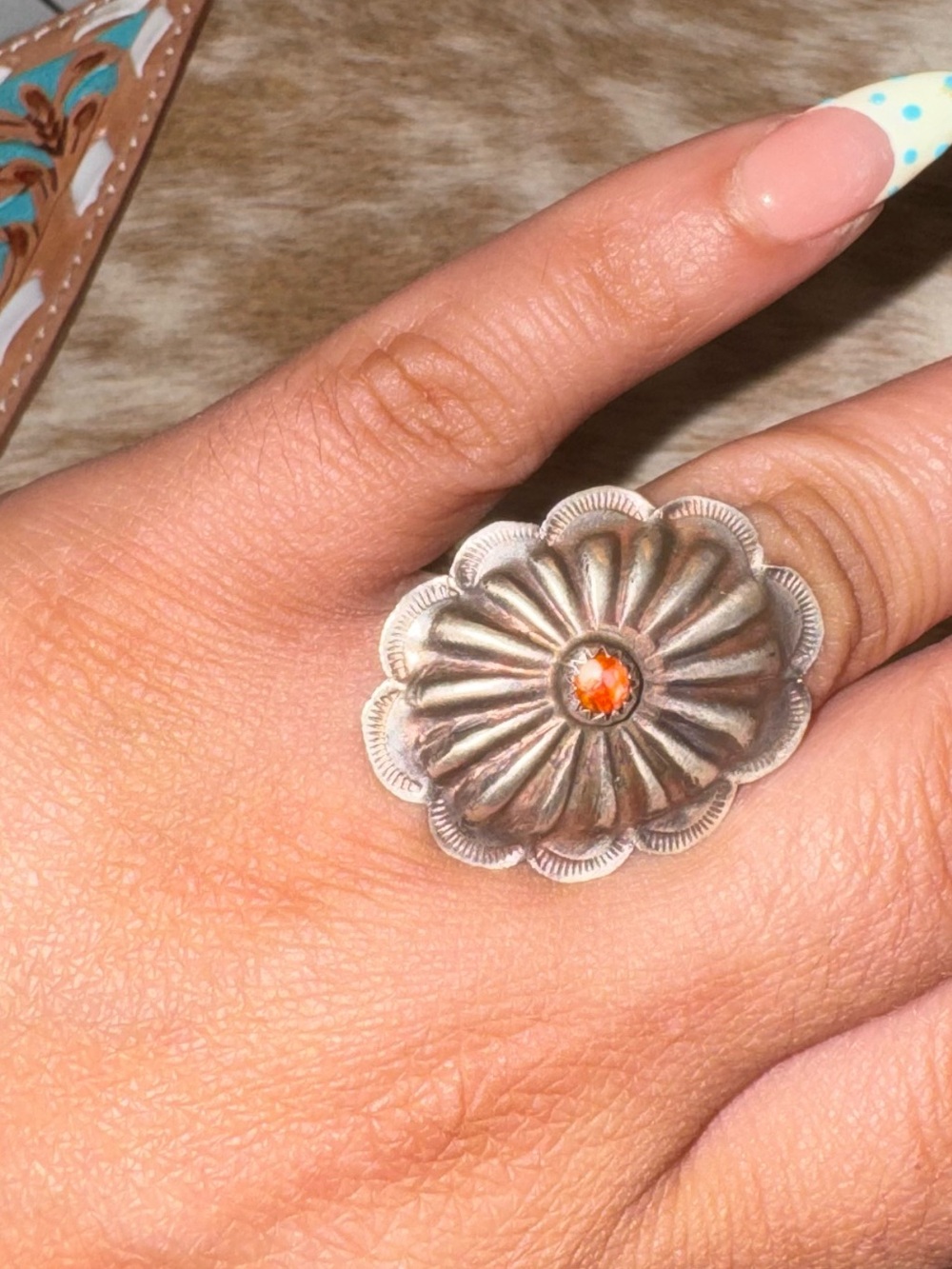 Sterling Silver Concho Ring with Orange Spiny size 7.5